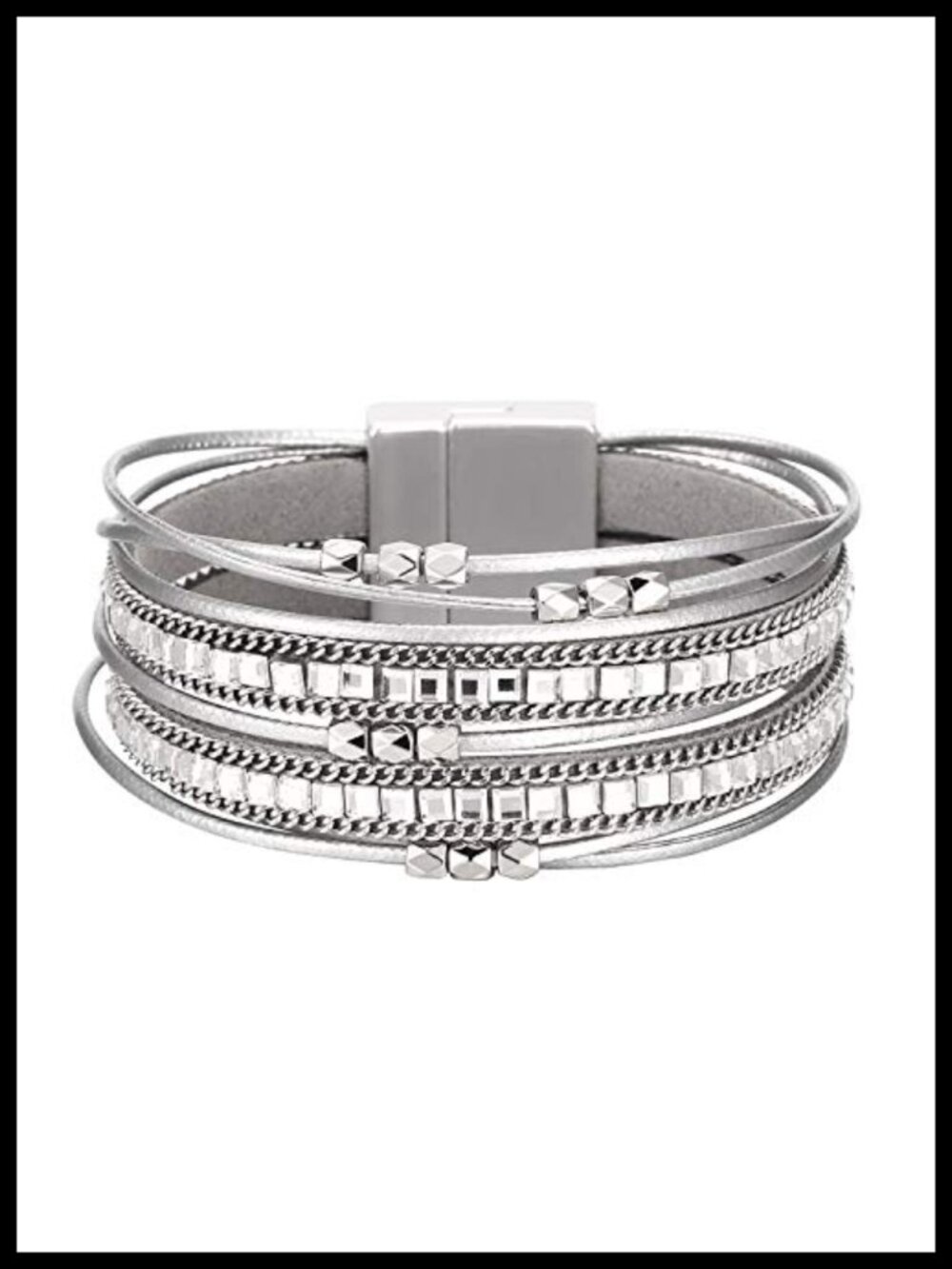 Leather Wrap Bracelet Boho Western Stacked Cuff Silver Tone Women